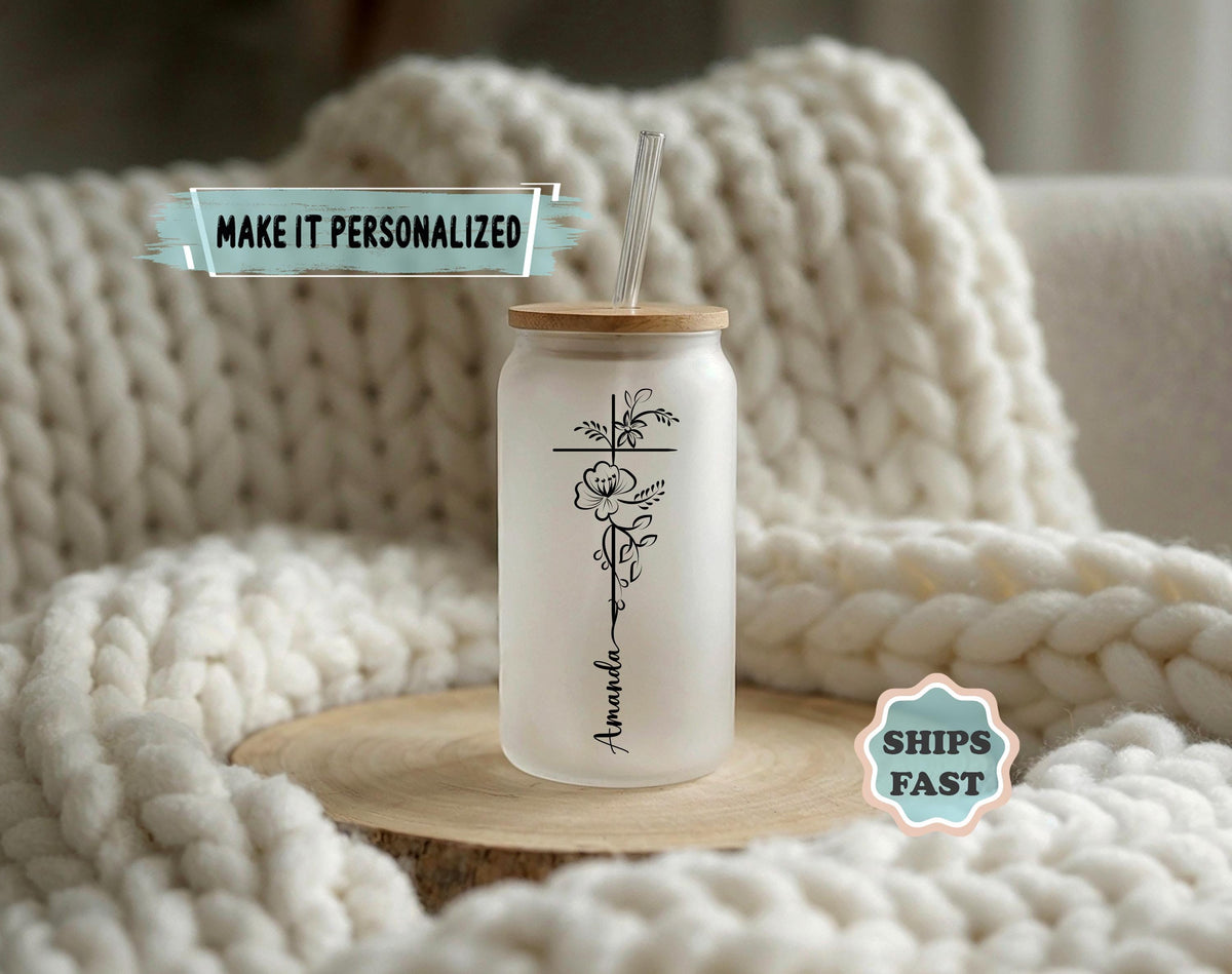 Floral Cross Glass Can, Personalized Iced Coffee Cup with Bamboo Lid, Christian Gift