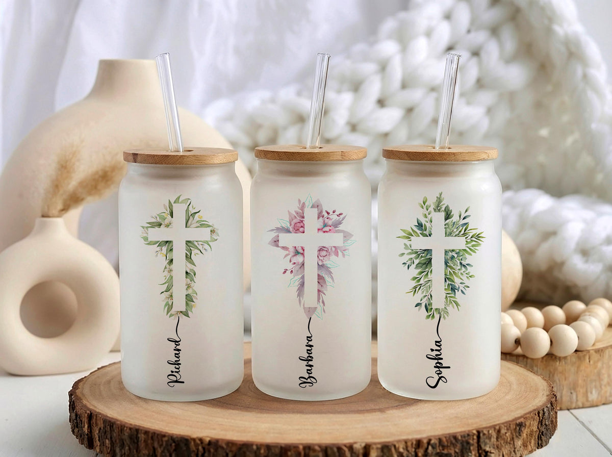 Floral Cross Glass Can, Personalized Iced Coffee Cup with Bamboo Lid, Christian Gift