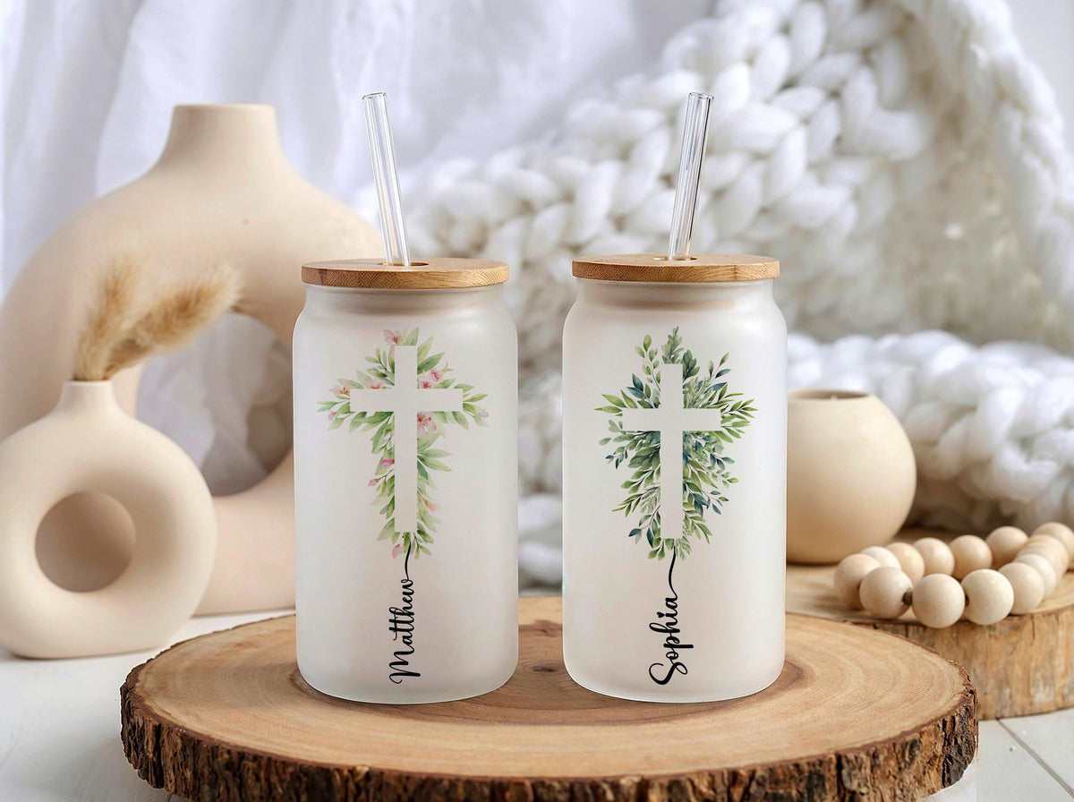 Floral Cross Glass Can, Personalized Iced Coffee Cup with Bamboo Lid, Christian Gift