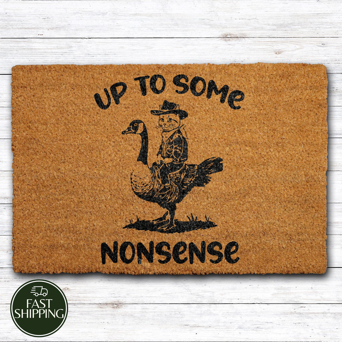 Up To Some Nonsense Welcome Mat, Funny Cowboy Cat Riding Goose Doormat