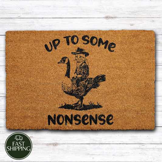 Up To Some Nonsense Welcome Mat, Funny Cowboy Cat Riding Goose Doormat