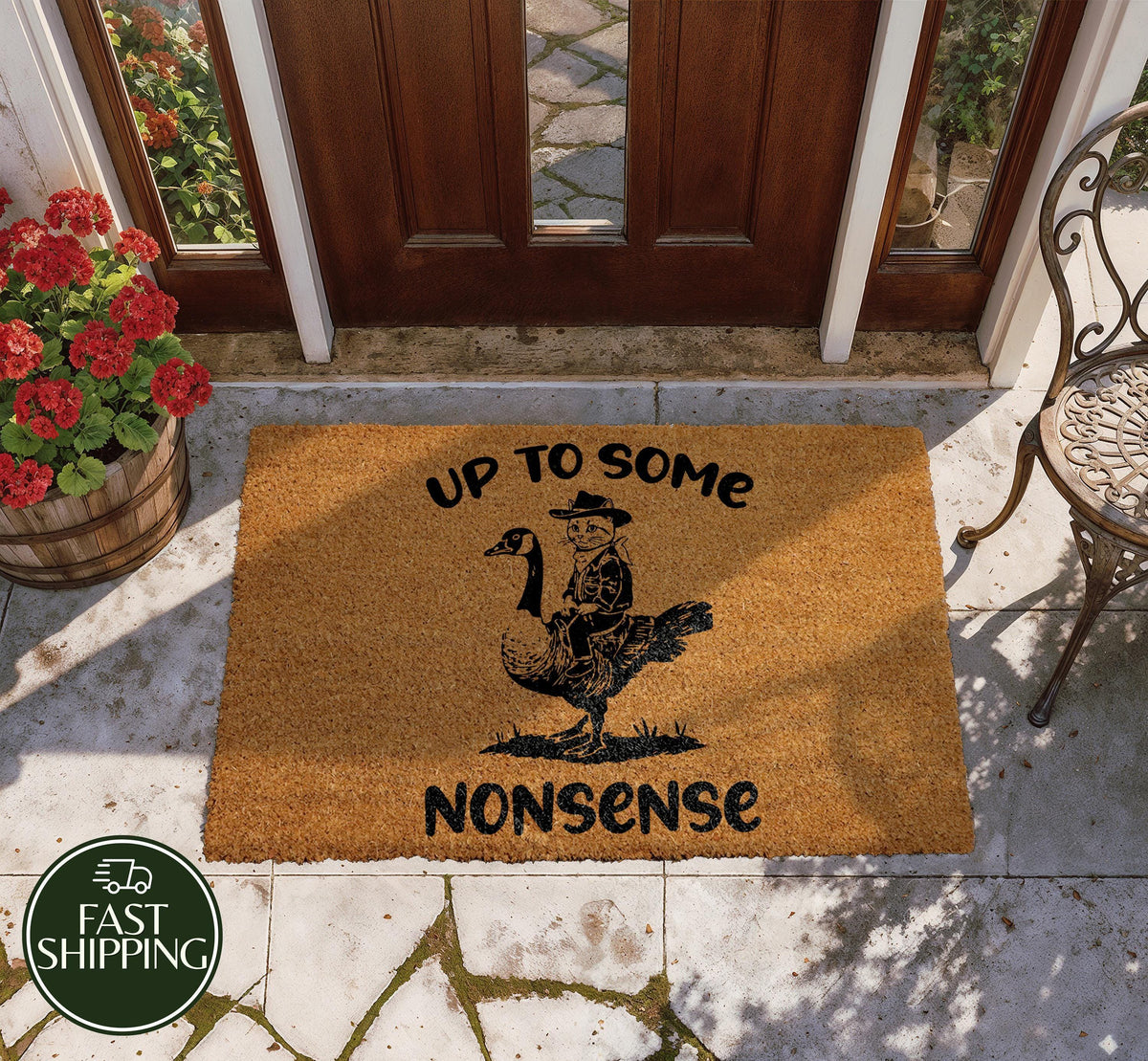 Up To Some Nonsense Welcome Mat, Funny Cowboy Cat Riding Goose Doormat