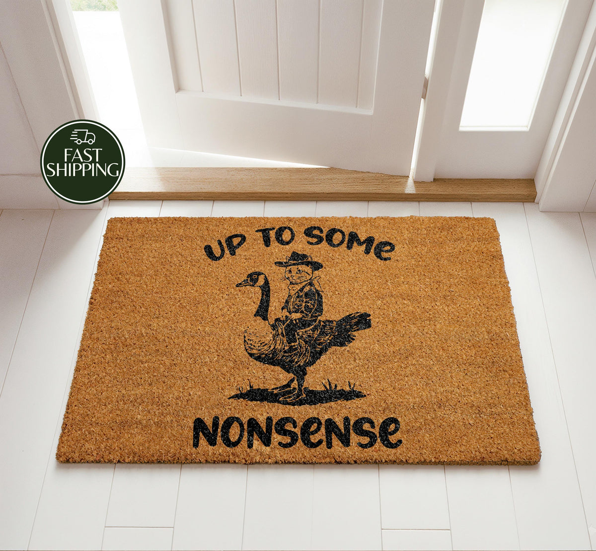 Up To Some Nonsense Welcome Mat, Funny Cowboy Cat Riding Goose Doormat