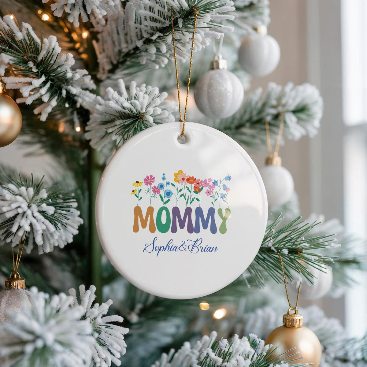 Personalized Floral Mommy Ornament, Custom Kids Names Ceramic Keepsake