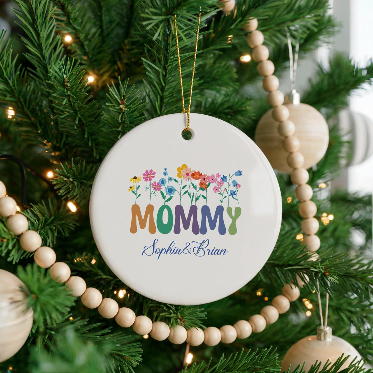 Personalized Floral Mommy Ornament, Custom Kids Names Ceramic Keepsake
