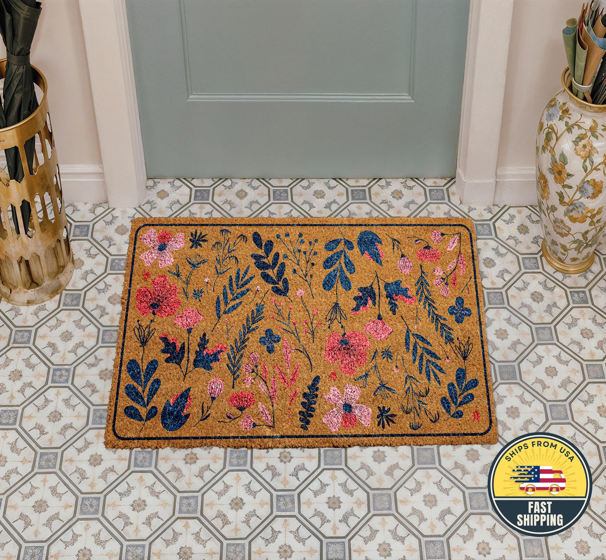 Wildflowers Welcome Mat, Natural Coir Floral Mat, Boho Floral Welcome Mat