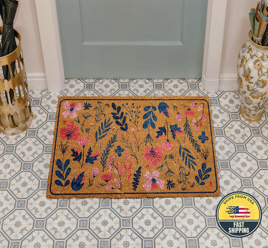 Wildflowers Welcome Mat, Natural Coir Floral Mat, Boho Floral Welcome Mat