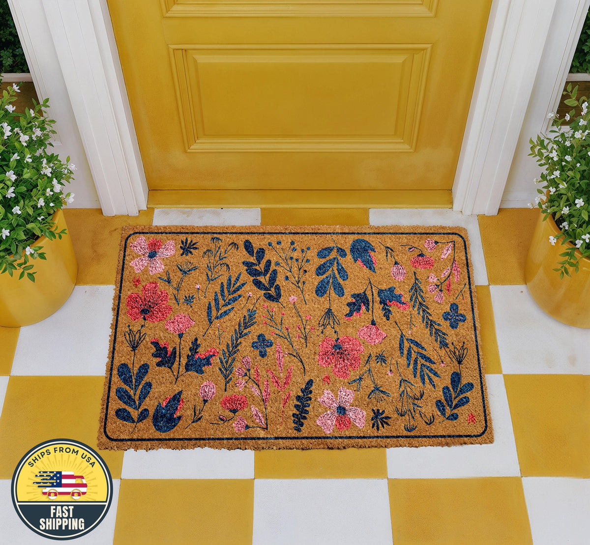 Wildflowers Welcome Mat, Natural Coir Floral Mat, Boho Floral Welcome Mat