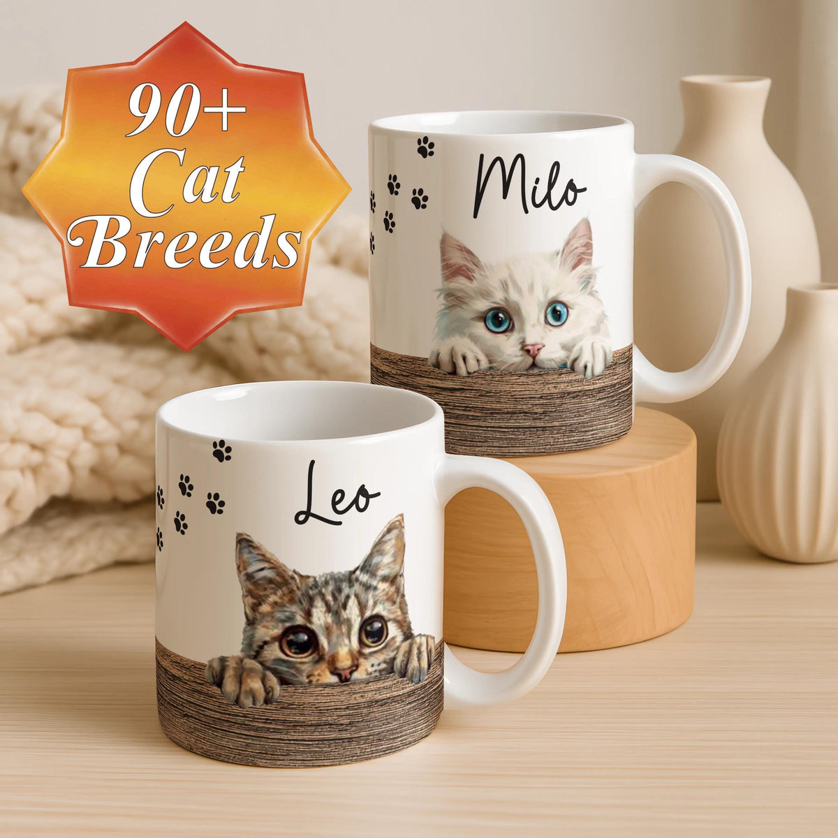 Customizable Cat Portrait Mug, Custom Pet Faces Pottery Mug, Cats Lover Gift, Pets Mom Dad Present, New Kitten Owner Gifts, Paw Prints Cup