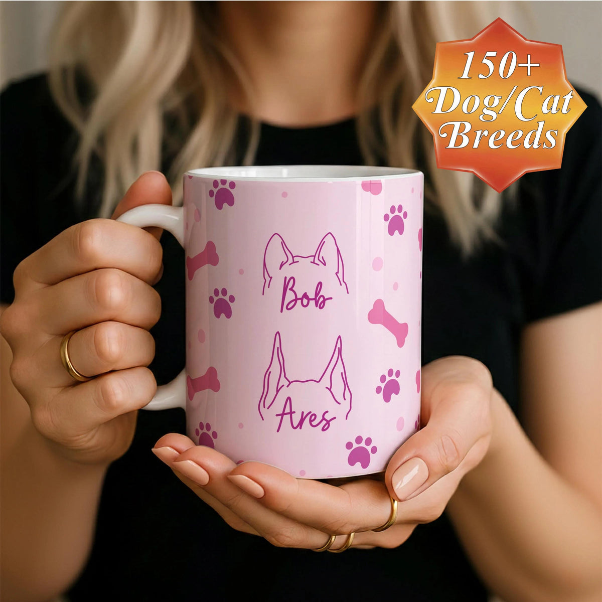 Custom Pet Name Mug, Dogs Split Face Coffee Cup, Dog & Cat Lover Ceramic Mug, Paw Print and Bone Pattern Tea Cup, Puppy Owner Present