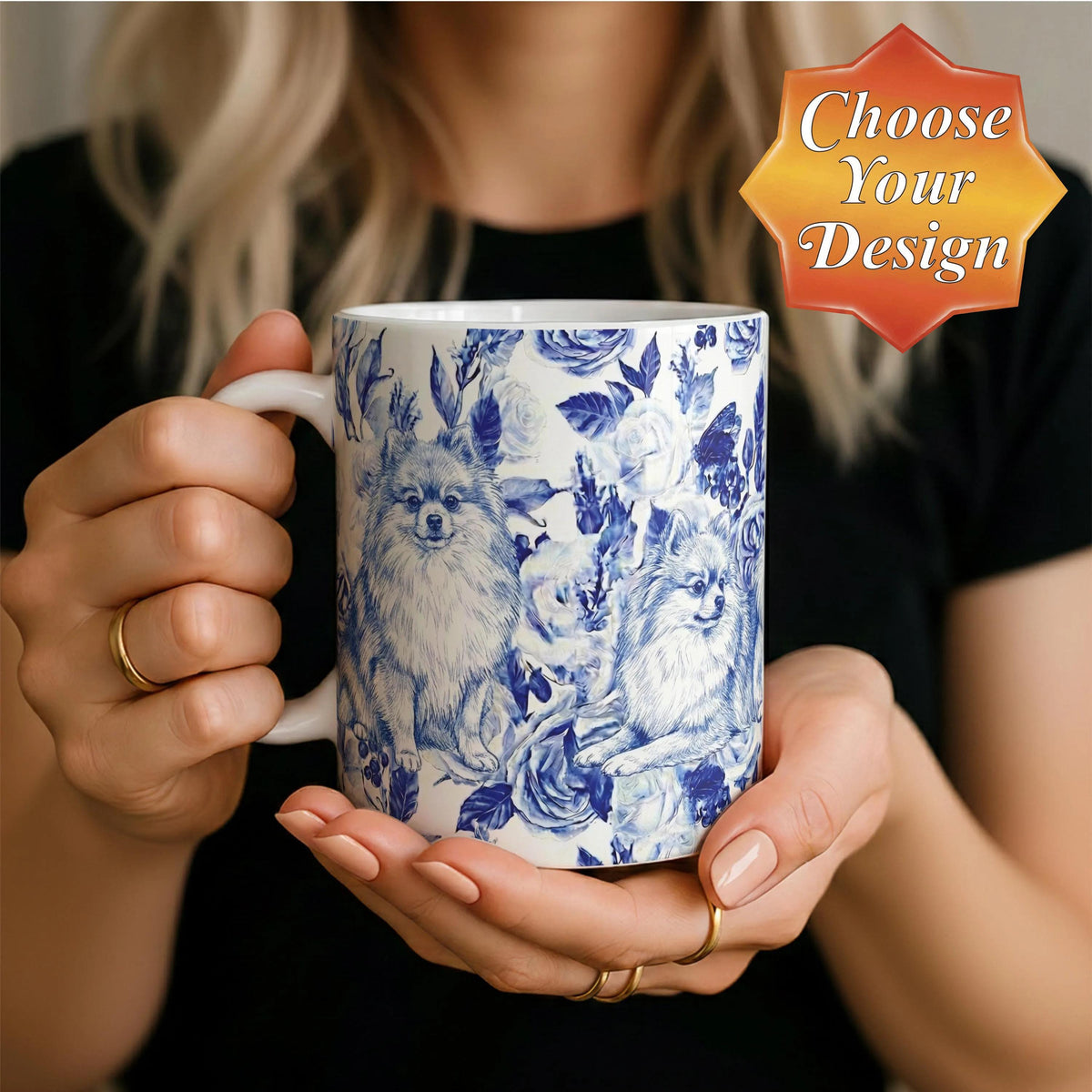 Chinoiserie Ceramic Mug, Pomeranian Coffee Cup, Dog Mom Gift, Vintage Blue Floral Pet Mug, Dog Lovers and Owners Present