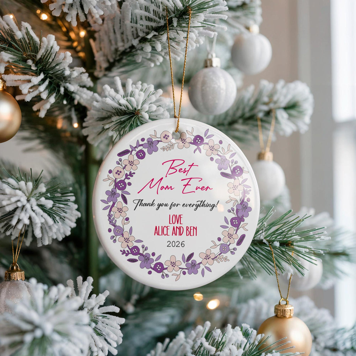 Personalized Floral Wreath Ceramic Ornament, Custom Mom Gift, Mother's Day Keepsake