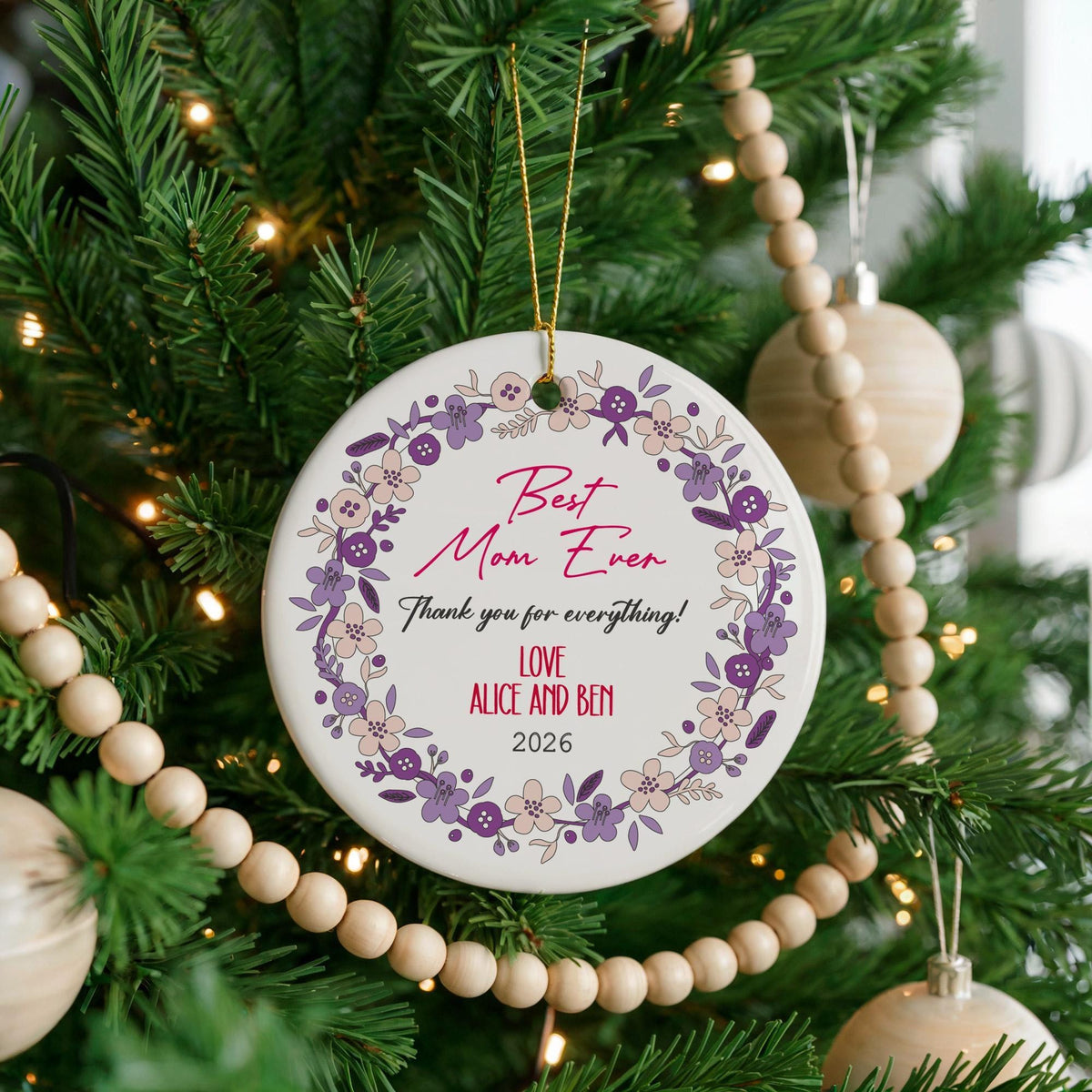 Personalized Floral Wreath Ceramic Ornament, Custom Mom Gift, Mother's Day Keepsake