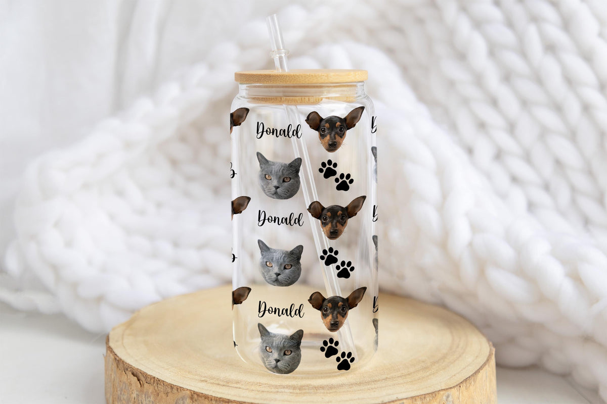 Personalized Pet Photo Glass Cup, Custom Dog Cat Face Can Glass with Bamboo Lid and Straw, Pet Mom Dad Gift, Dog Lovers Tumbler