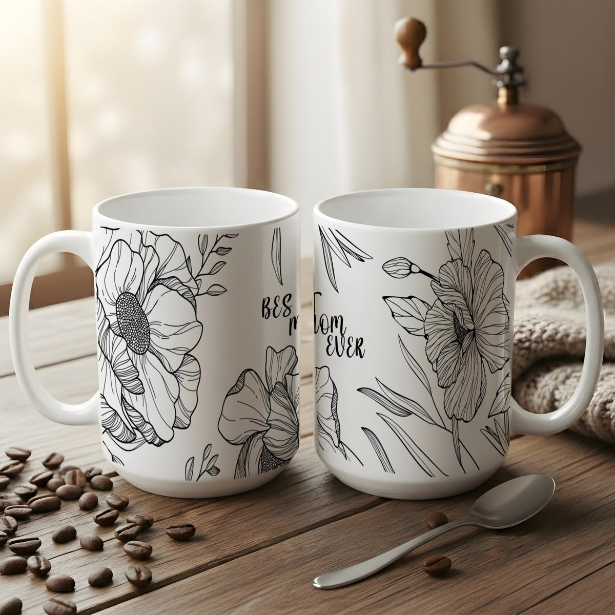 Best Mom Ever Mug, Mother's Day Floral Coffee Cup, Cute Line Art Mom Gift