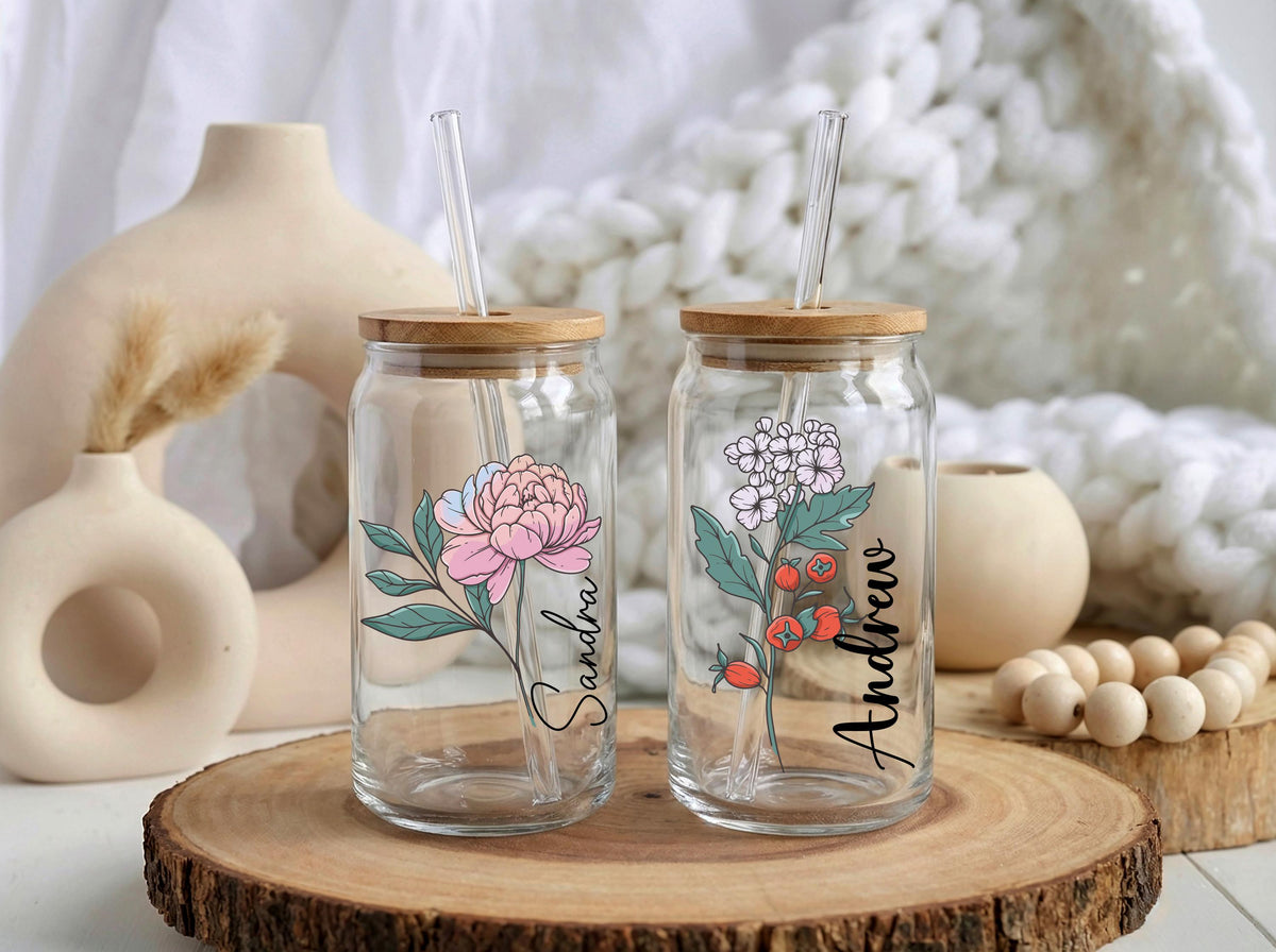 Personalized Flower Glass Tumbler, Custom Name Can Glass Cup, Floral Iced Coffee Tumbler