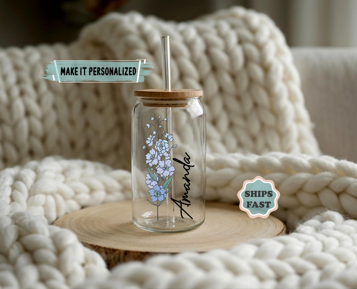 Personalized Flower Glass Tumbler, Custom Name Can Glass Cup, Floral Iced Coffee Tumbler