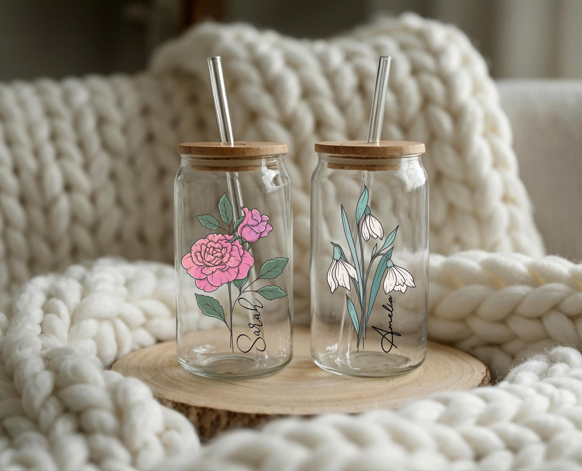 Personalized Flower Glass Tumbler, Custom Name Can Glass Cup, Floral Iced Coffee Tumbler