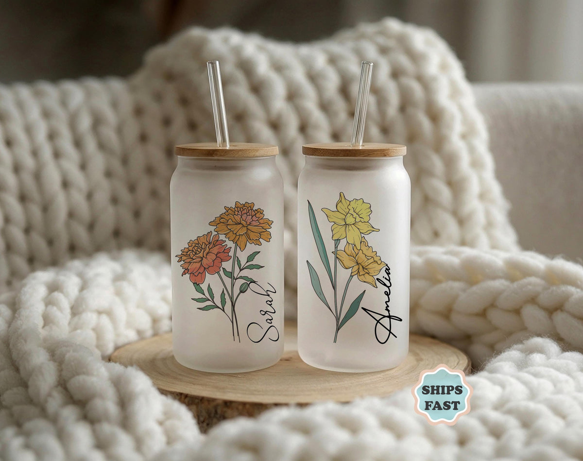 Personalized Flower Glass Tumbler, Custom Name Can Glass Cup, Floral Iced Coffee Tumbler