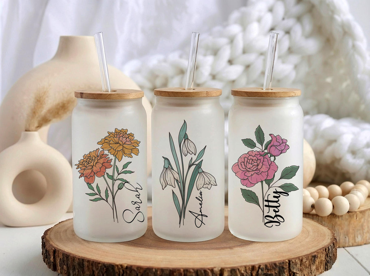 Personalized Flower Glass Tumbler, Custom Name Can Glass Cup, Floral Iced Coffee Tumbler