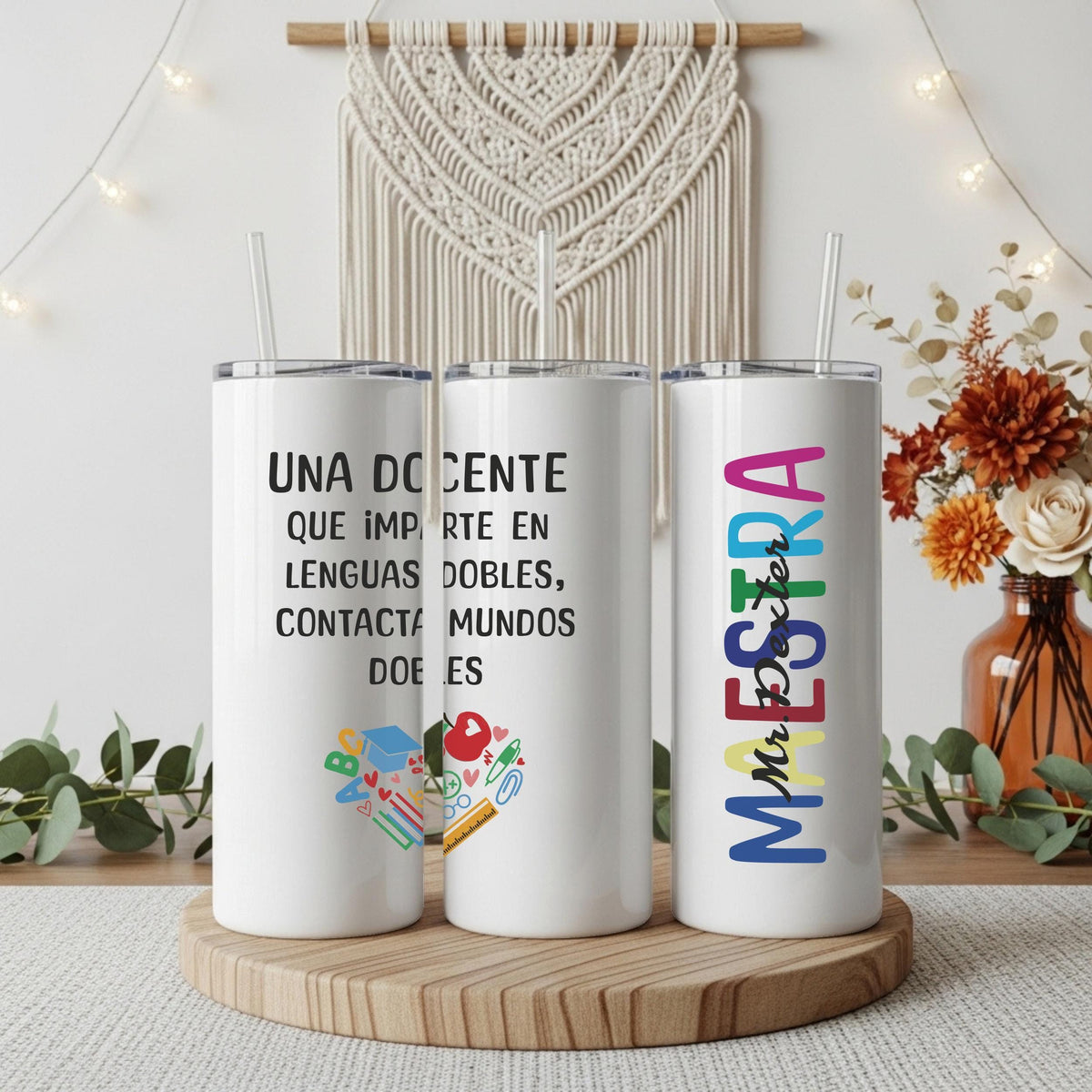 Custom Name Maestra Tumbler With Straw, Personalized Spanish Bilingual Teacher Coffee Tumbler