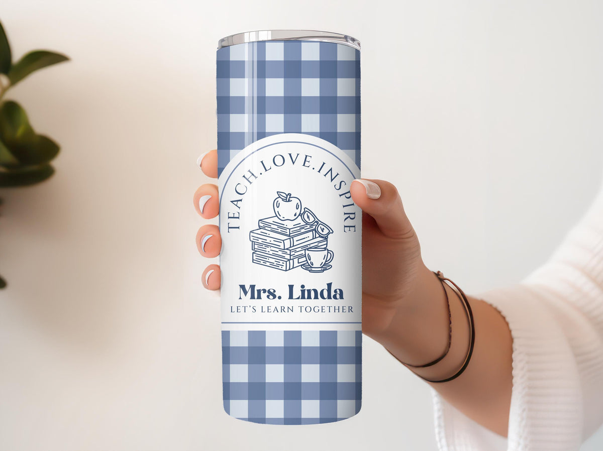 Personalized Blue Gingham Design Teacher Coffee Cup, Teach Love Inspire Tumbler With Straw
