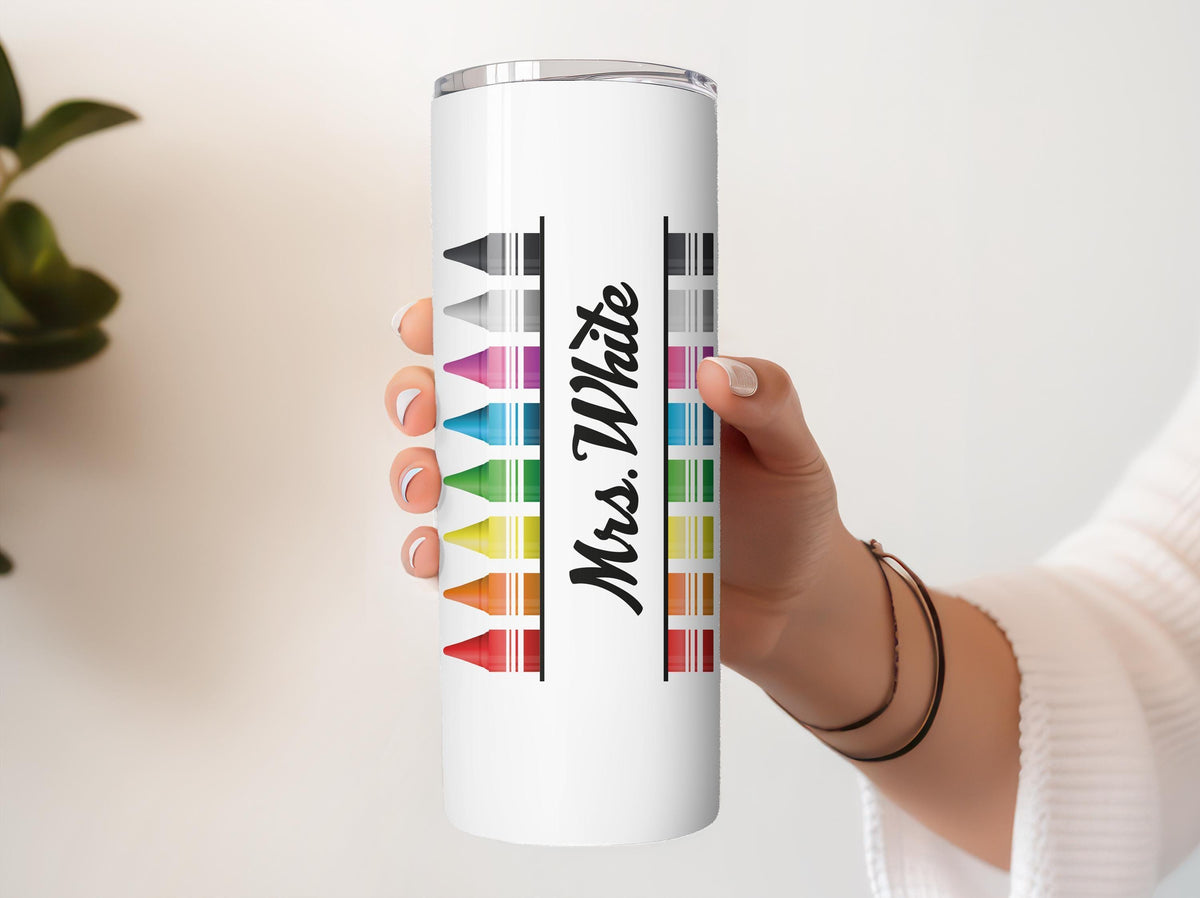 Personalized Teachers Name Tumbler With Straw, Rainbow Crayons Teacher Coffee Cup
