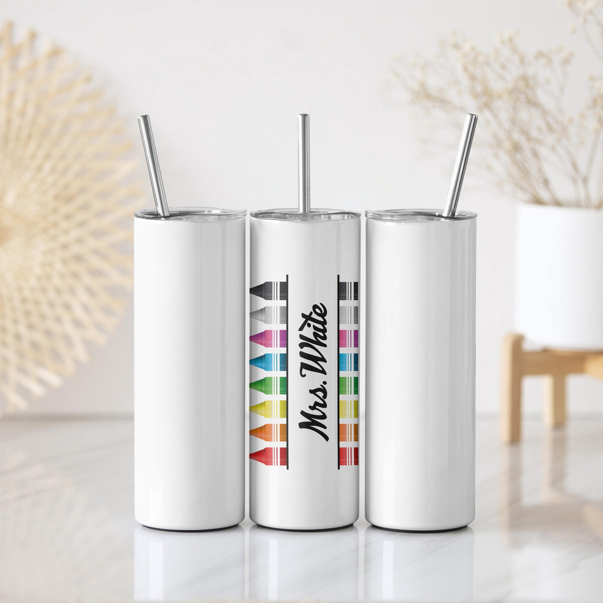 Personalized Teachers Name Tumbler With Straw, Rainbow Crayons Teacher Coffee Cup