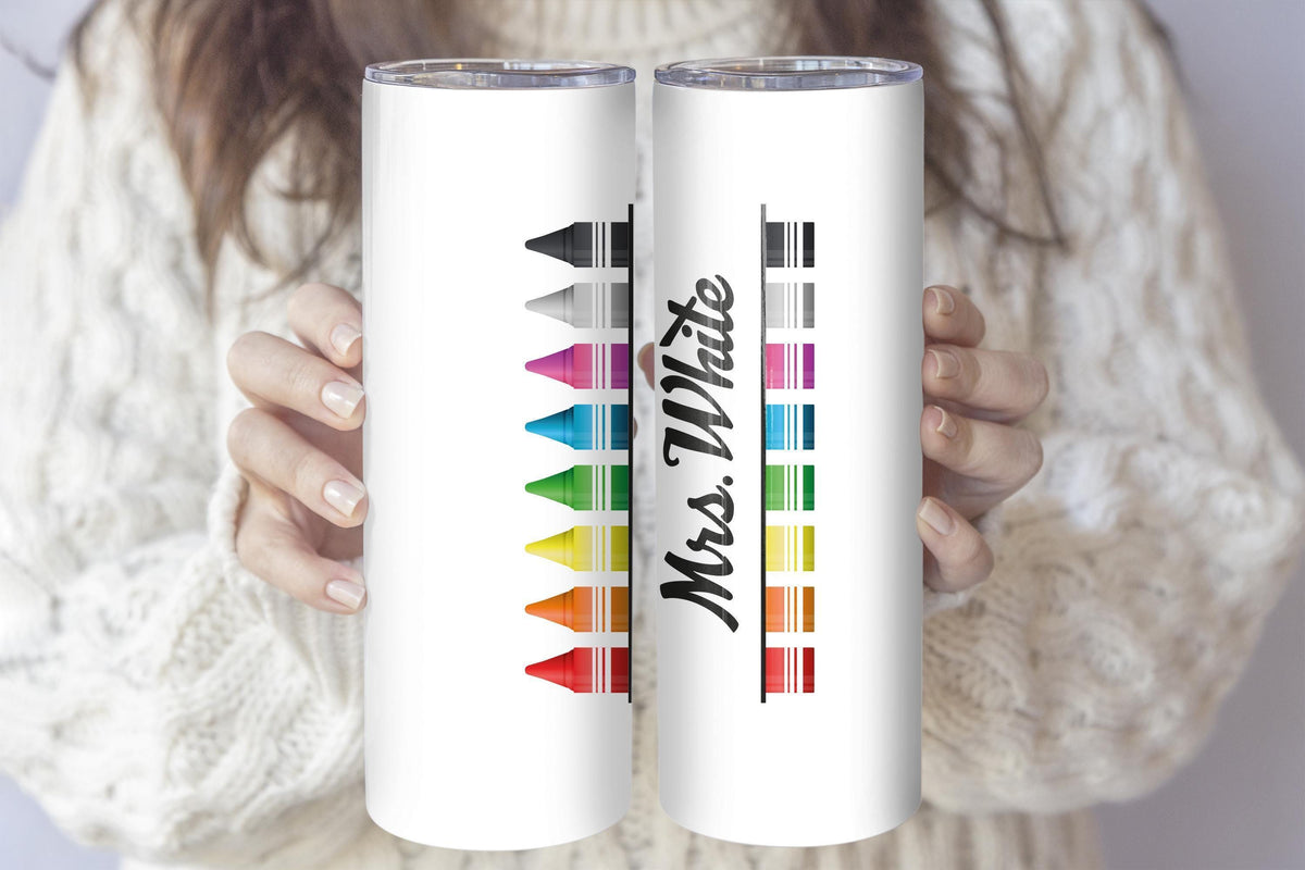 Personalized Teachers Name Tumbler With Straw, Rainbow Crayons Teacher Coffee Cup