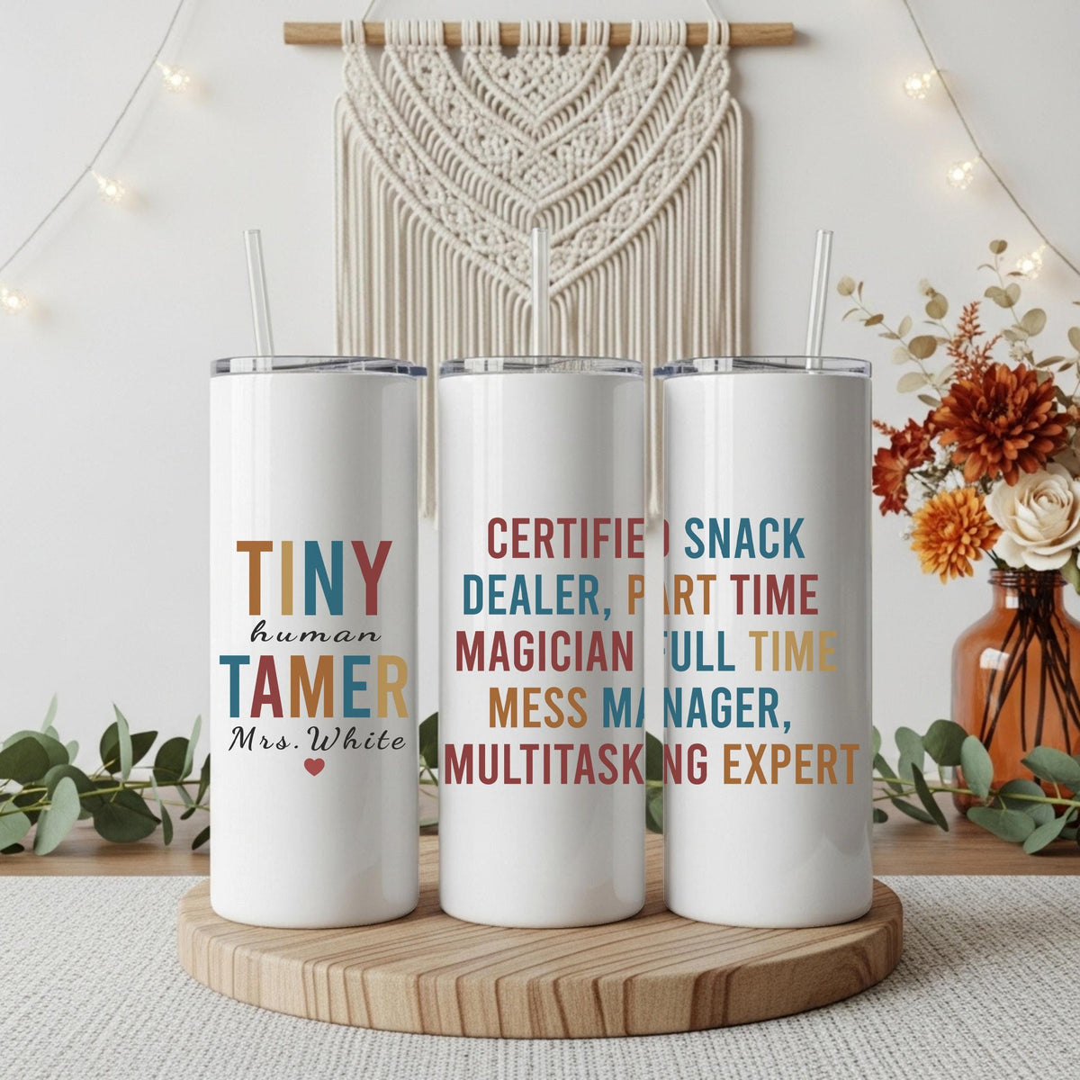 Custom Name Tiny Human Tamer Tumbler With Straw, Personalized Snack Dealer Teacher Cup