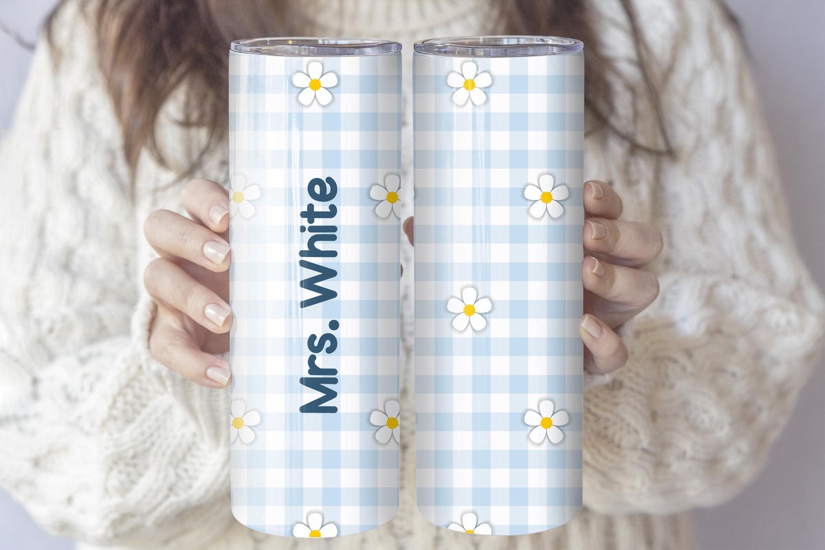 Personalized Daisy Flower Teacher Coffee Tumbler, Floral Blue Plaid Insulated Teacher Cup