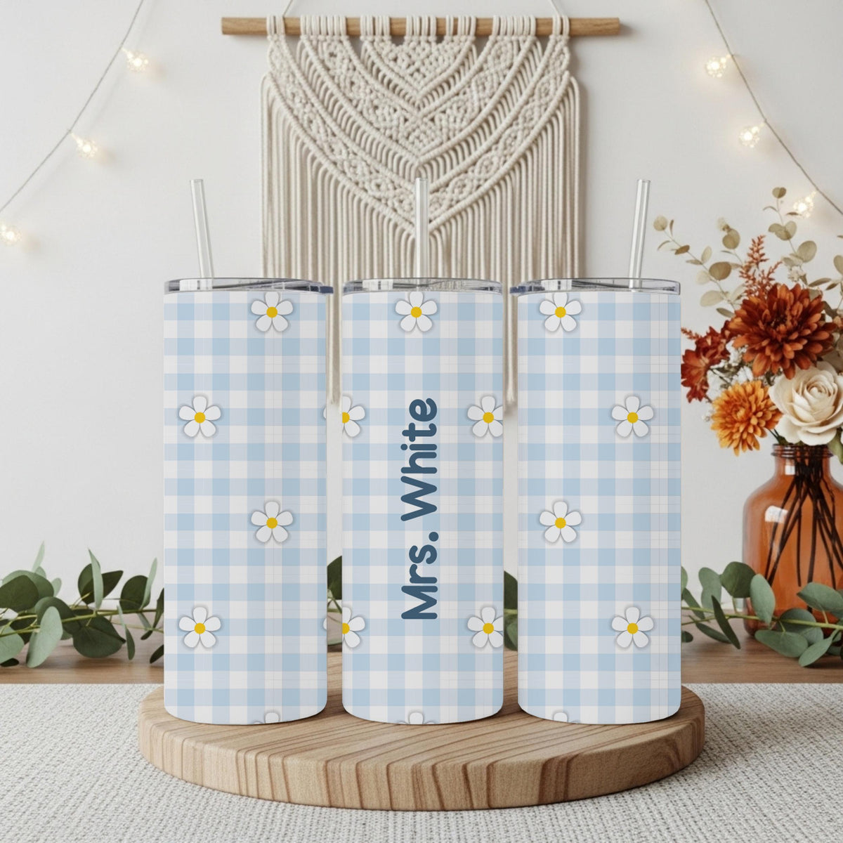 Personalized Daisy Flower Teacher Coffee Tumbler, Floral Blue Plaid Insulated Teacher Cup
