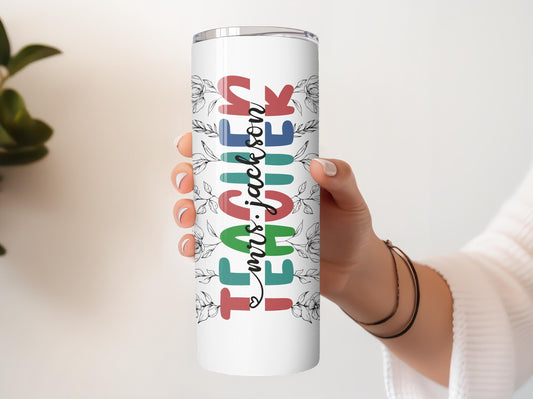 Custom Name Teacher Tumbler With Straw, Line Art Floral & Retro Groovy Design School Tumbler