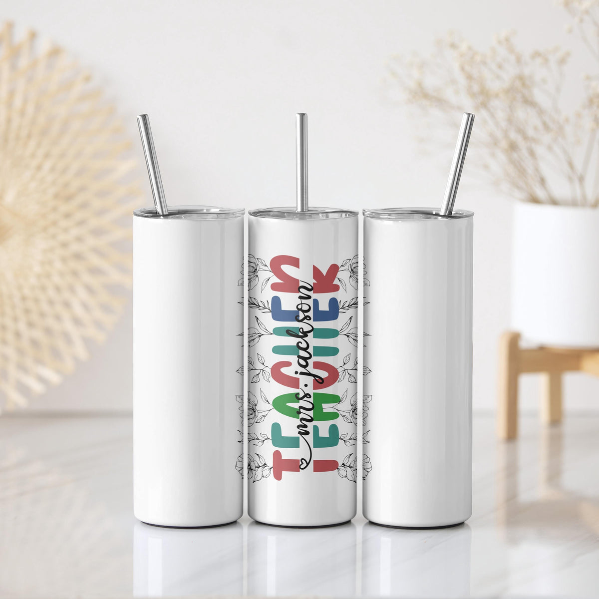 Custom Name Teacher Tumbler With Straw, Line Art Floral & Retro Groovy Design School Tumbler