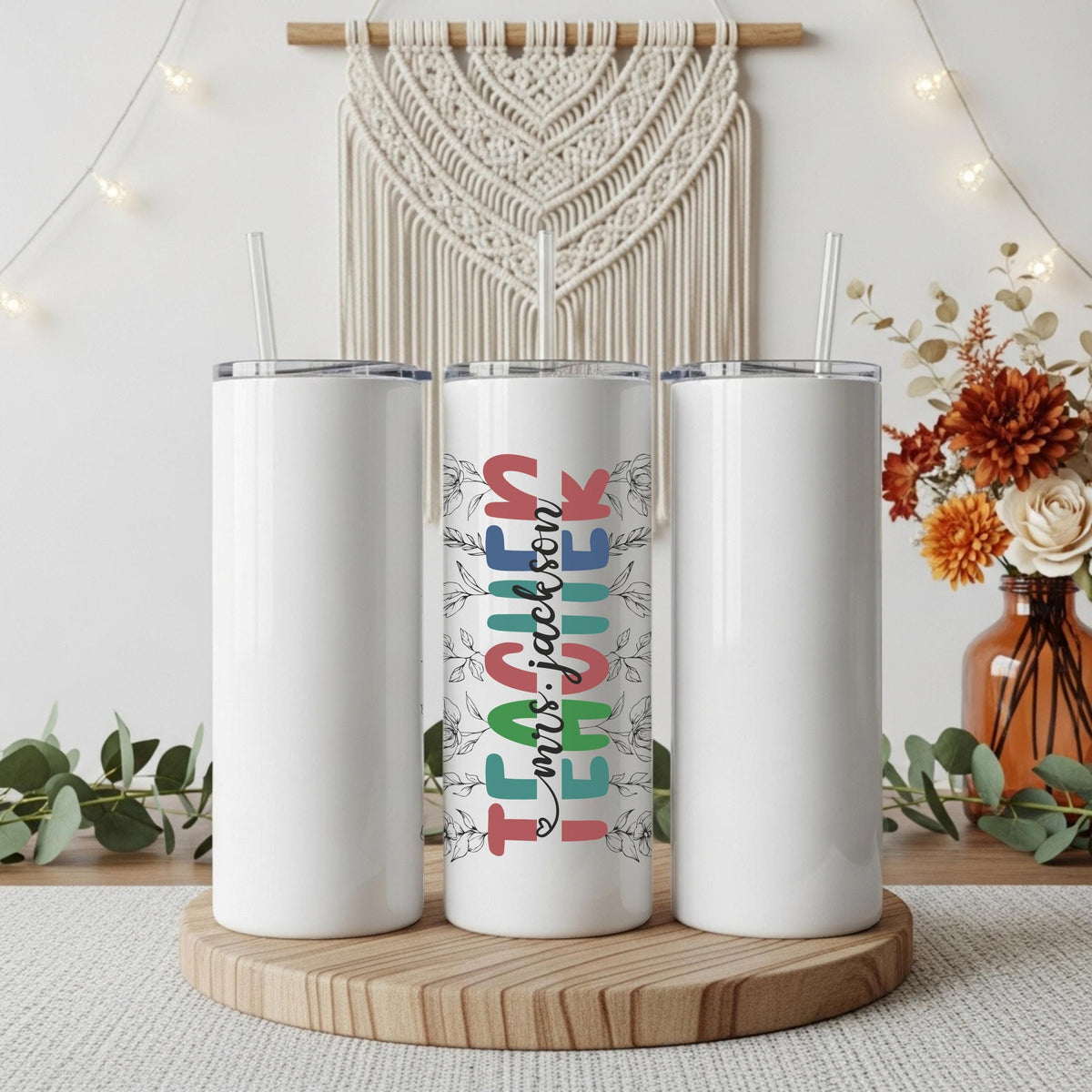 Custom Name Teacher Tumbler With Straw, Line Art Floral & Retro Groovy Design School Tumbler