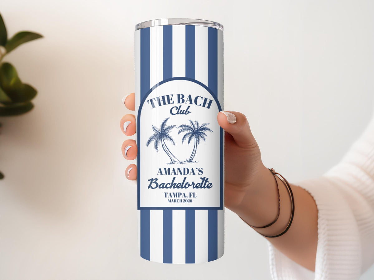 Customizable Blue and White Striped Bachelorette Cup, Coastal Bridal Shower Matching Drinkware Tumbler