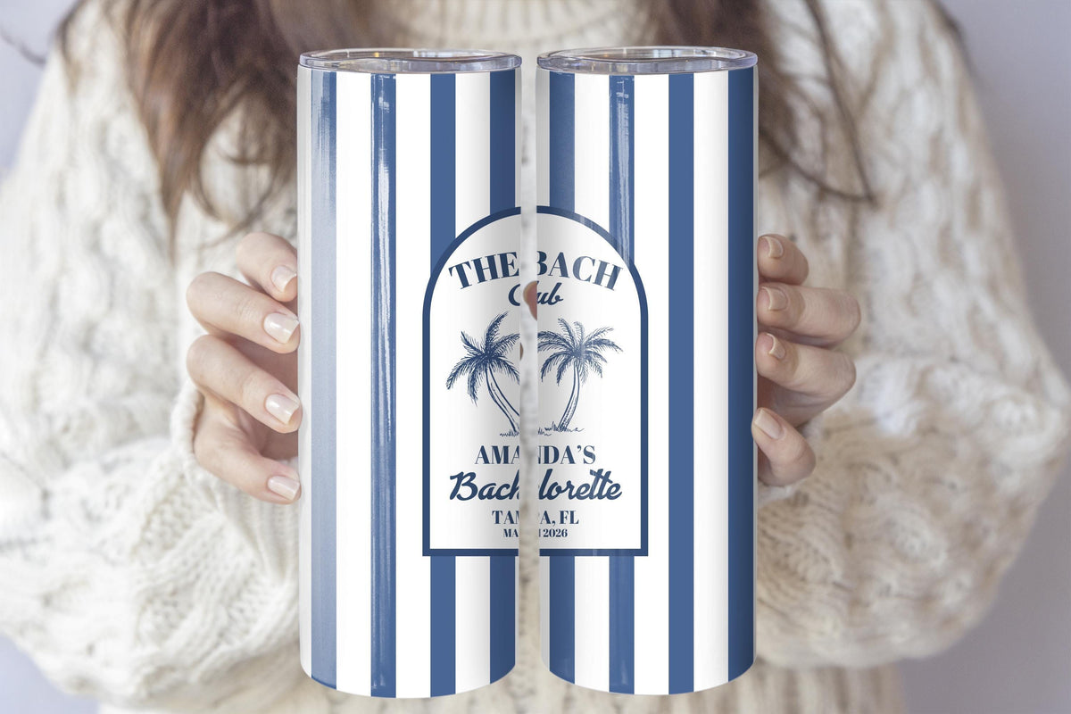 Customizable Blue and White Striped Bachelorette Cup, Coastal Bridal Shower Matching Drinkware Tumbler