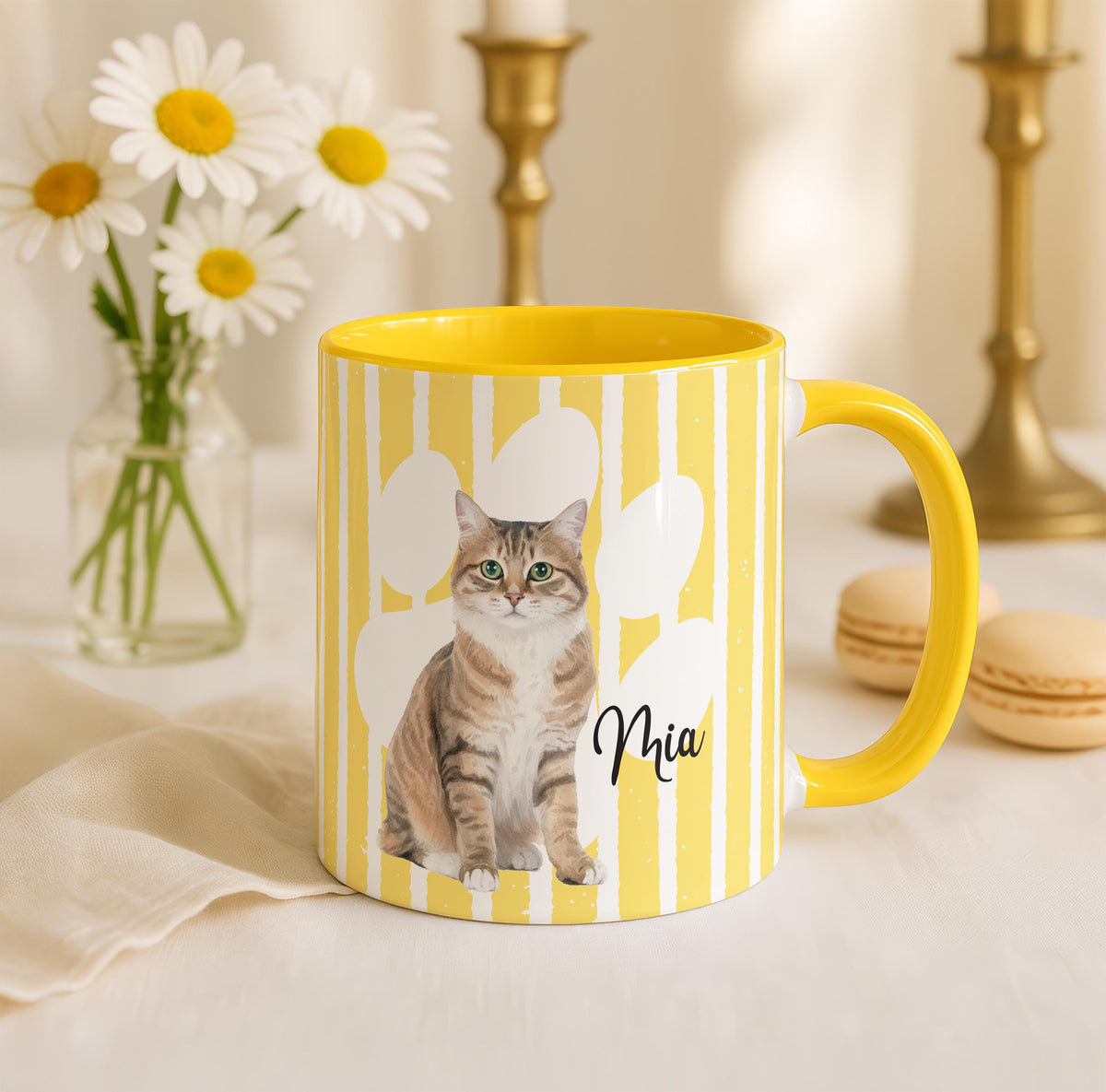 Personalized Pet Photo Mug with Name, Custom Cat - Dog Portrait Cup, Striped Designs Pets Mugs, Memorial Present Cups, Dogs Cats Mom Gift