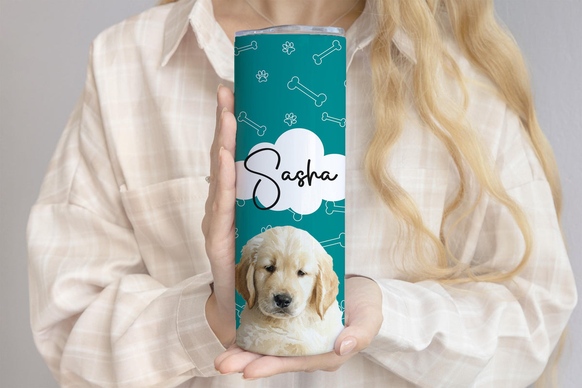 Custom Watercolor Dog Photo Tumbler, Personalized Pet Photo & Name Cup, Paw Print Design Dogs Mom Gift, Pets Lover Colorful Tumblers