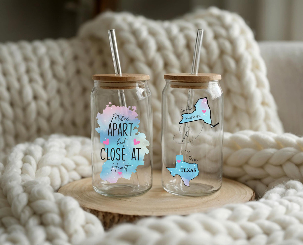 Personalized State Map Glass Mug, Custom Miles Apart Can Glass, Long Distance Friendship Gift