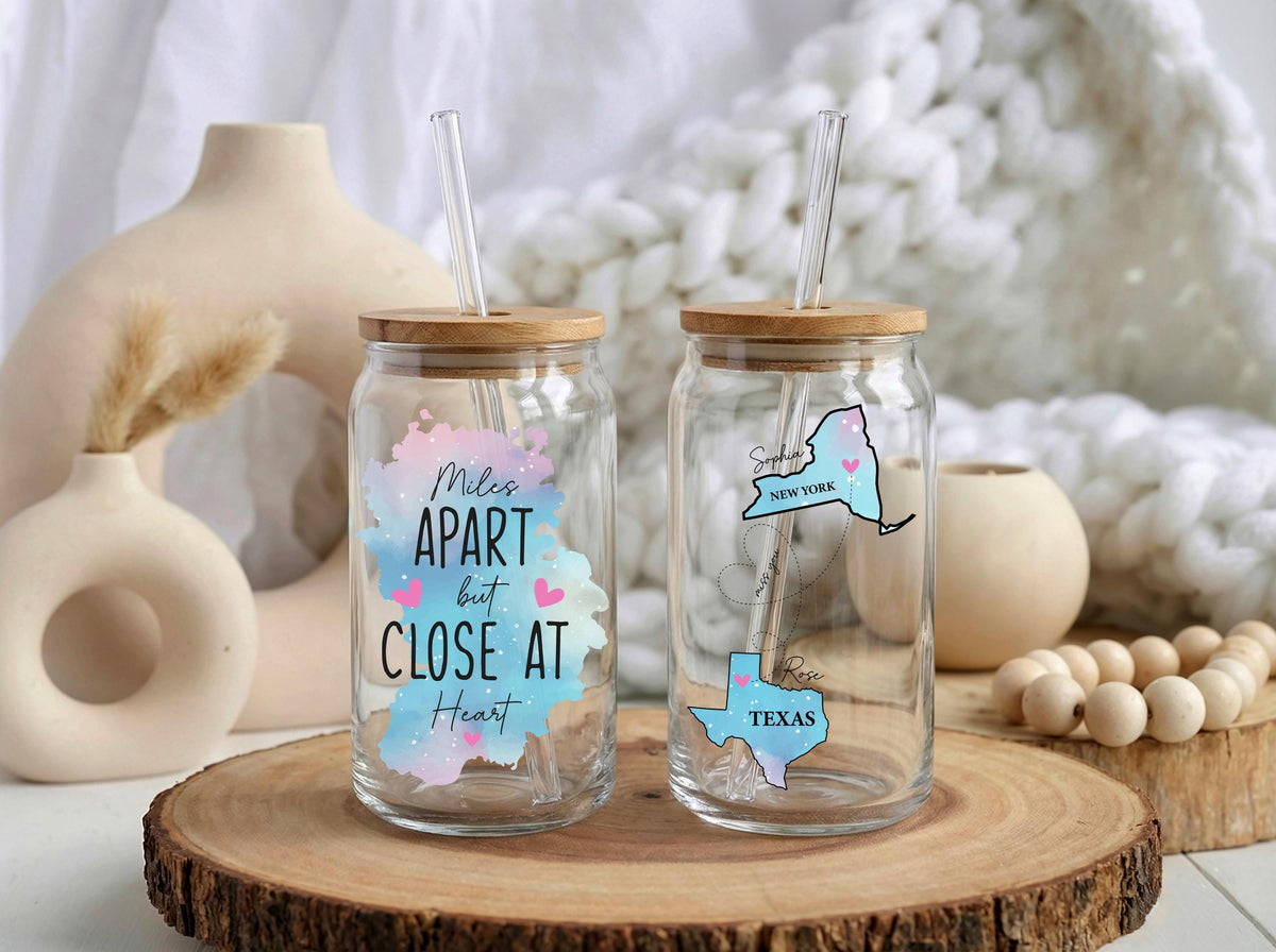 Personalized State Map Glass Mug, Custom Miles Apart Can Glass, Long Distance Friendship Gift