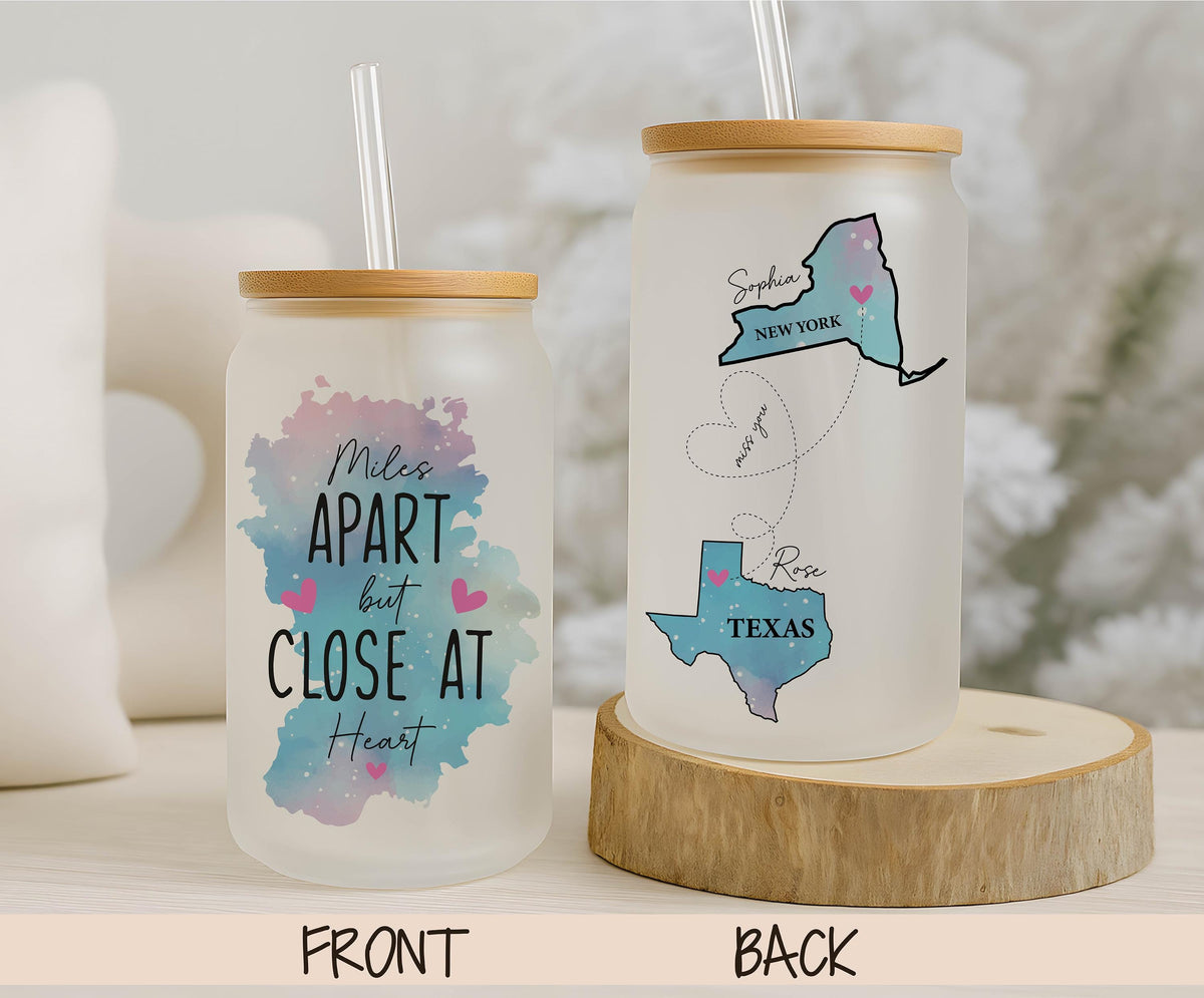 Personalized State Map Glass Mug, Custom Miles Apart Can Glass, Long Distance Friendship Gift