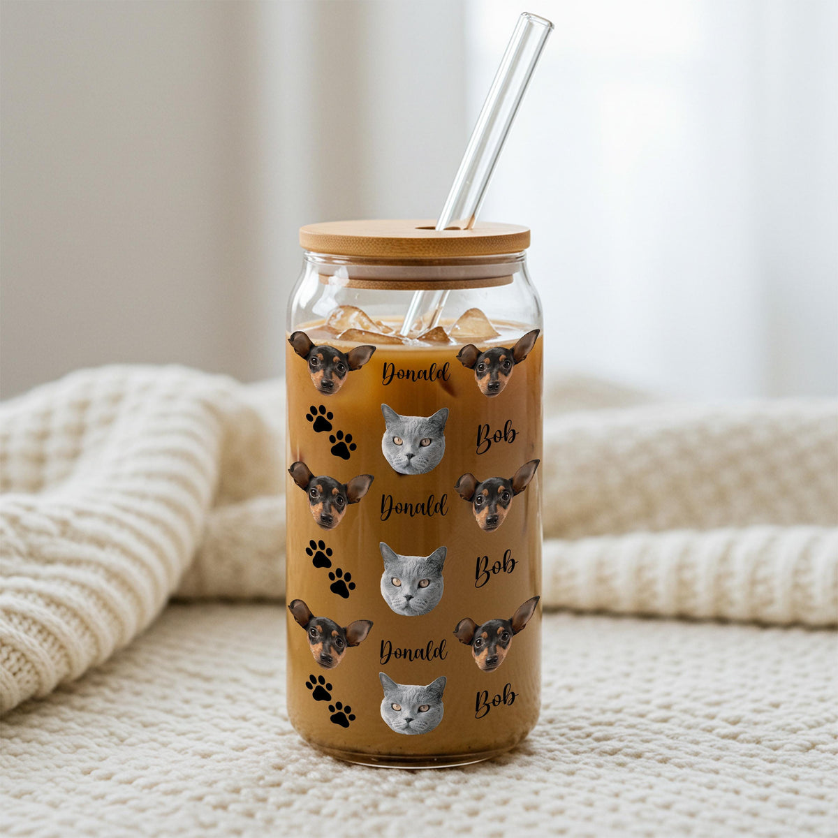 Personalized Pet Photo Glass Cup, Custom Dog Cat Face Can Glass with Bamboo Lid and Straw, Pet Mom Dad Gift, Dog Lovers Tumbler