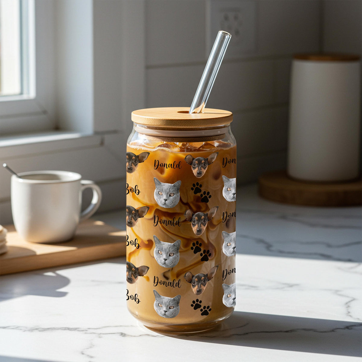 Personalized Pet Photo Glass Cup, Custom Dog Cat Face Can Glass with Bamboo Lid and Straw, Pet Mom Dad Gift, Dog Lovers Tumbler