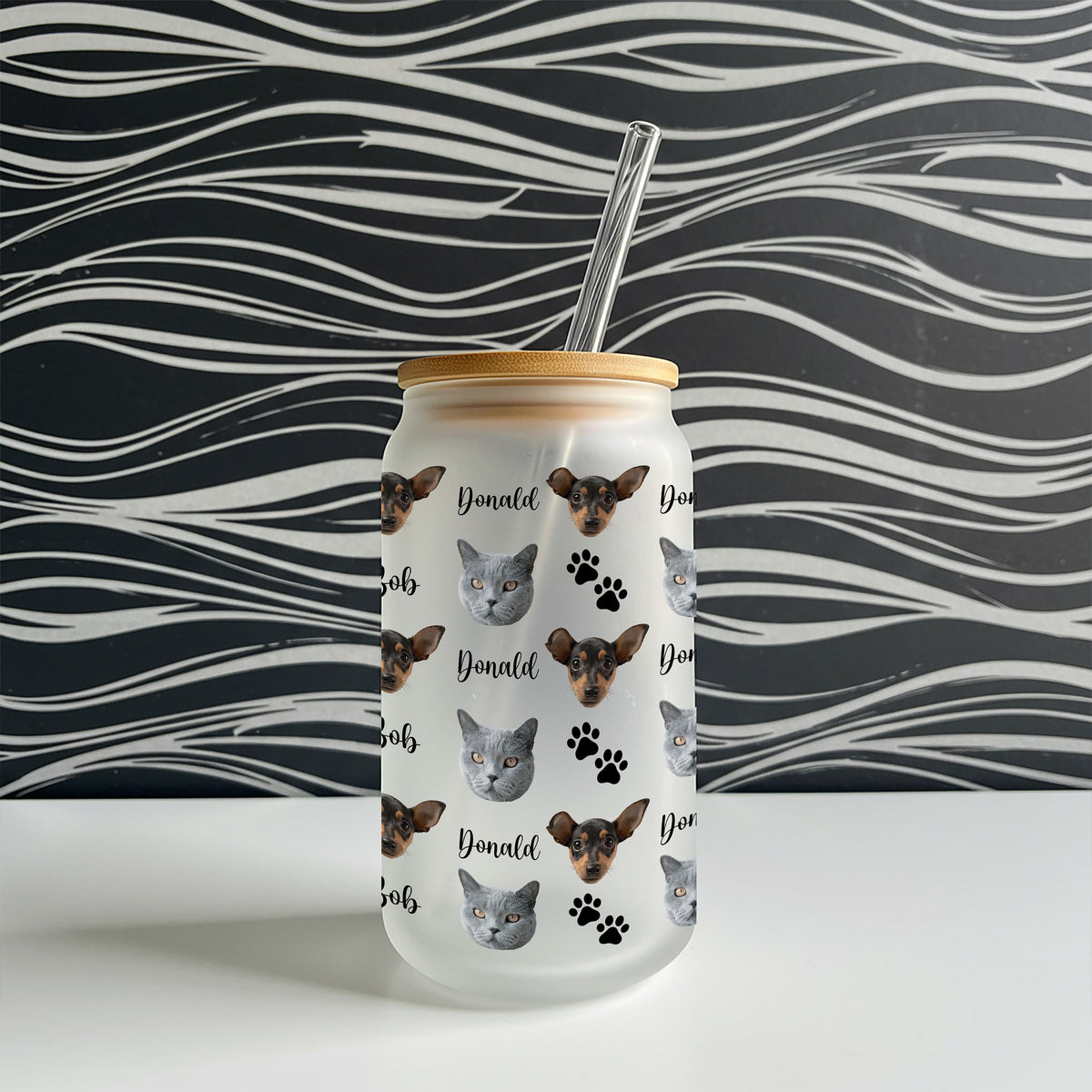 Personalized Pet Photo Glass Cup, Custom Dog Cat Face Can Glass with Bamboo Lid and Straw, Pet Mom Dad Gift, Dog Lovers Tumbler