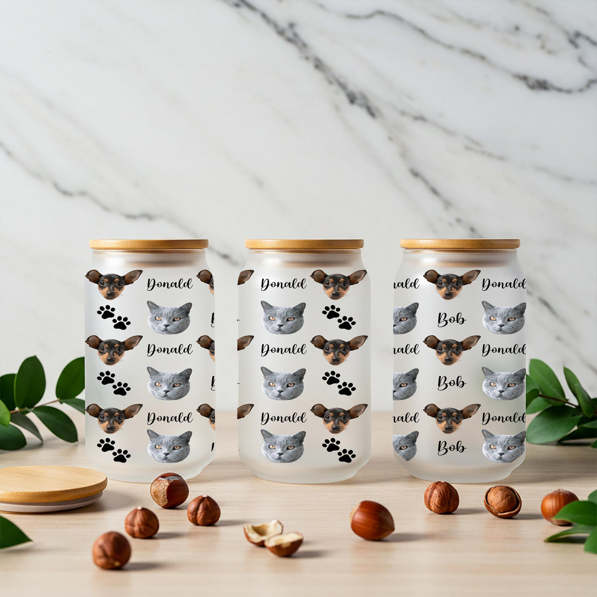 Personalized Pet Photo Glass Cup, Custom Dog Cat Face Can Glass with Bamboo Lid and Straw, Pet Mom Dad Gift, Dog Lovers Tumbler