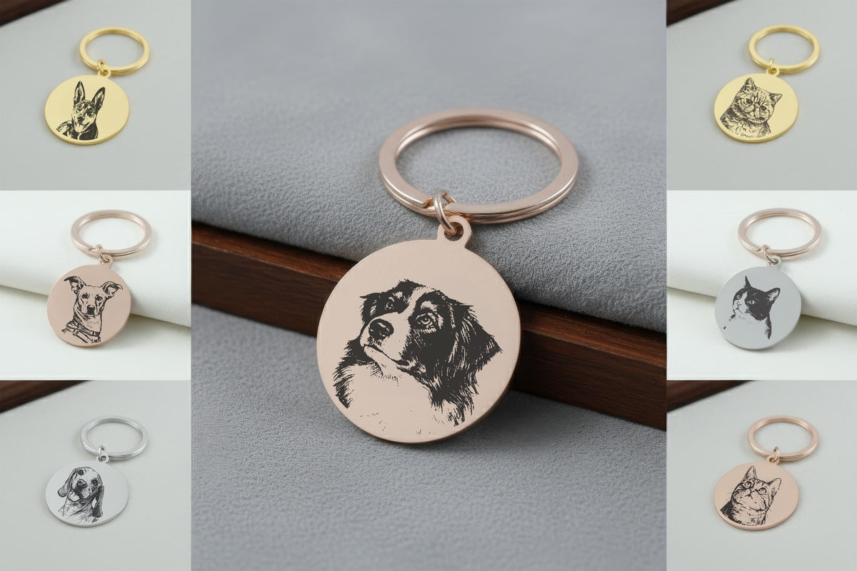 Personalized Cats Photo Engraved Tag, Custom Pet Portrait Collar Charm, Two-Sided Metal Pets ID Tags, Unique Cats Lover Gift