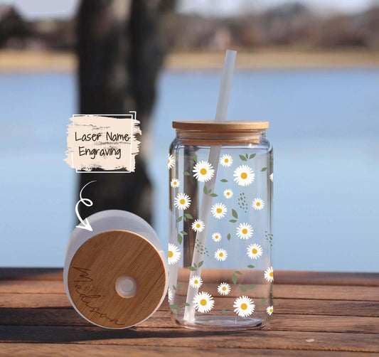 Personalized Daisy Glass Tumbler, Custom Name Bamboo Lid Iced Coffee Cup