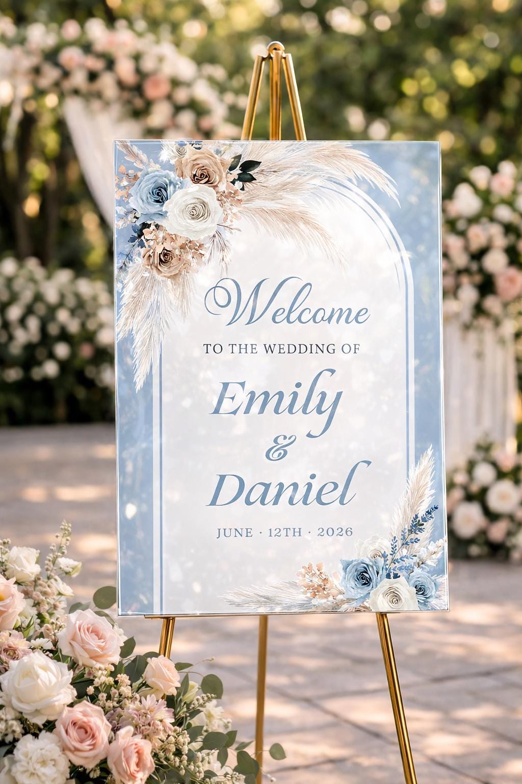 Personalized Acrylic Wedding Welcome Sign, Dusty Blue Floral Arch Entrance Decor