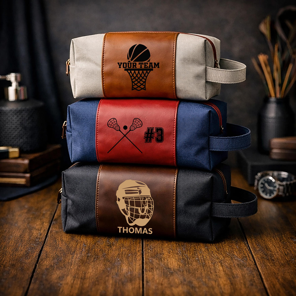 Personalized Toiletry Bag with Engraved Sports Design, Custom Dopp Kit